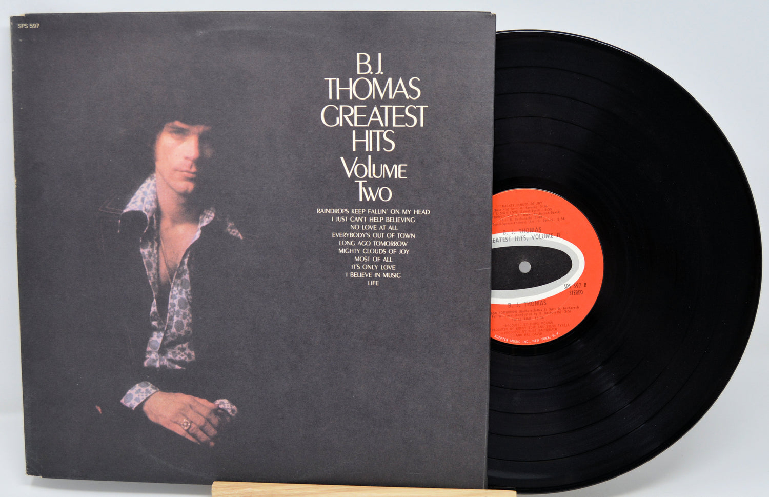Vinyl record with cover featuring B.J. Thomas' 'Greatest Hits Volume Two' on a light gray background