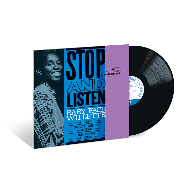 Vinyl record and cover for Baby Face Willette's album Stop And Listen on Blue Note label, featuring a photograph of Willette on the front cover.