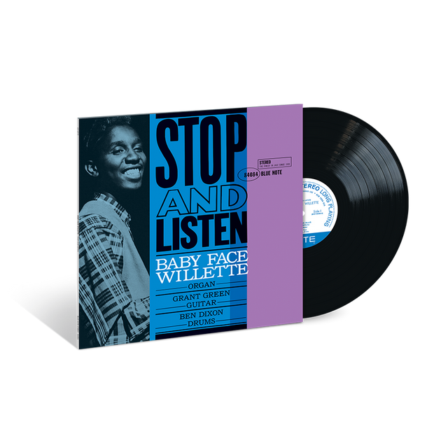 Vinyl record and cover for Baby Face Willette's album Stop And Listen on Blue Note label, featuring a photograph of Willette on the front cover.
