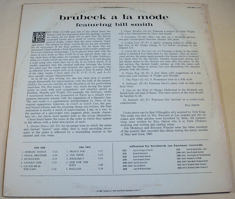 Back cover of Brubeck à la Mode album with track listings and liner notes