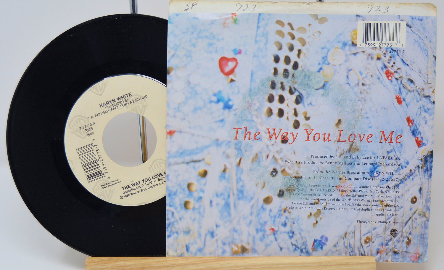Back cover and record of Karyn White's 'The Way You Love Me' 7 inch vinyl single