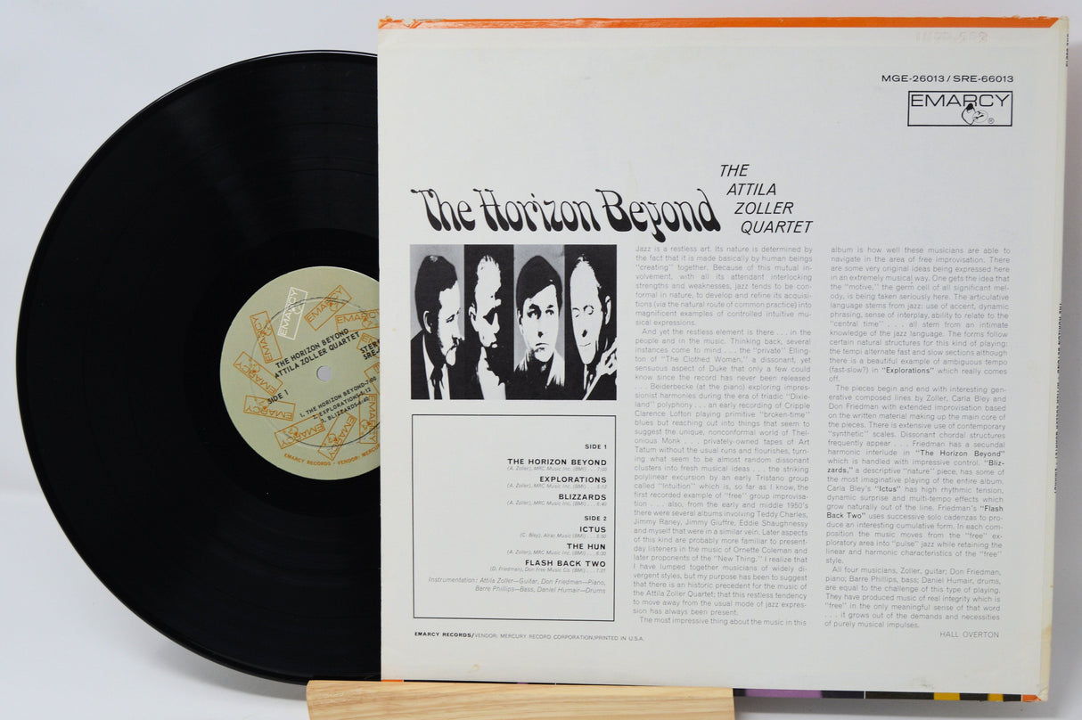 Back cover of 'The Horizon Beyond' vinyl record by Attila Zoller Quartet, showing track list and liner notes