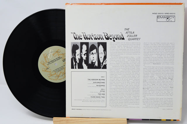 Back cover of 'The Horizon Beyond' vinyl record by Attila Zoller Quartet, showing track list and liner notes