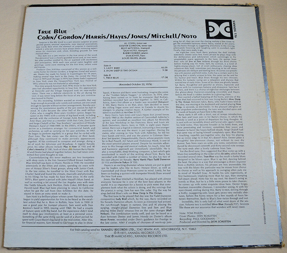 Back cover of True Blue Xanadu 136 LP with detailed liner notes and credits