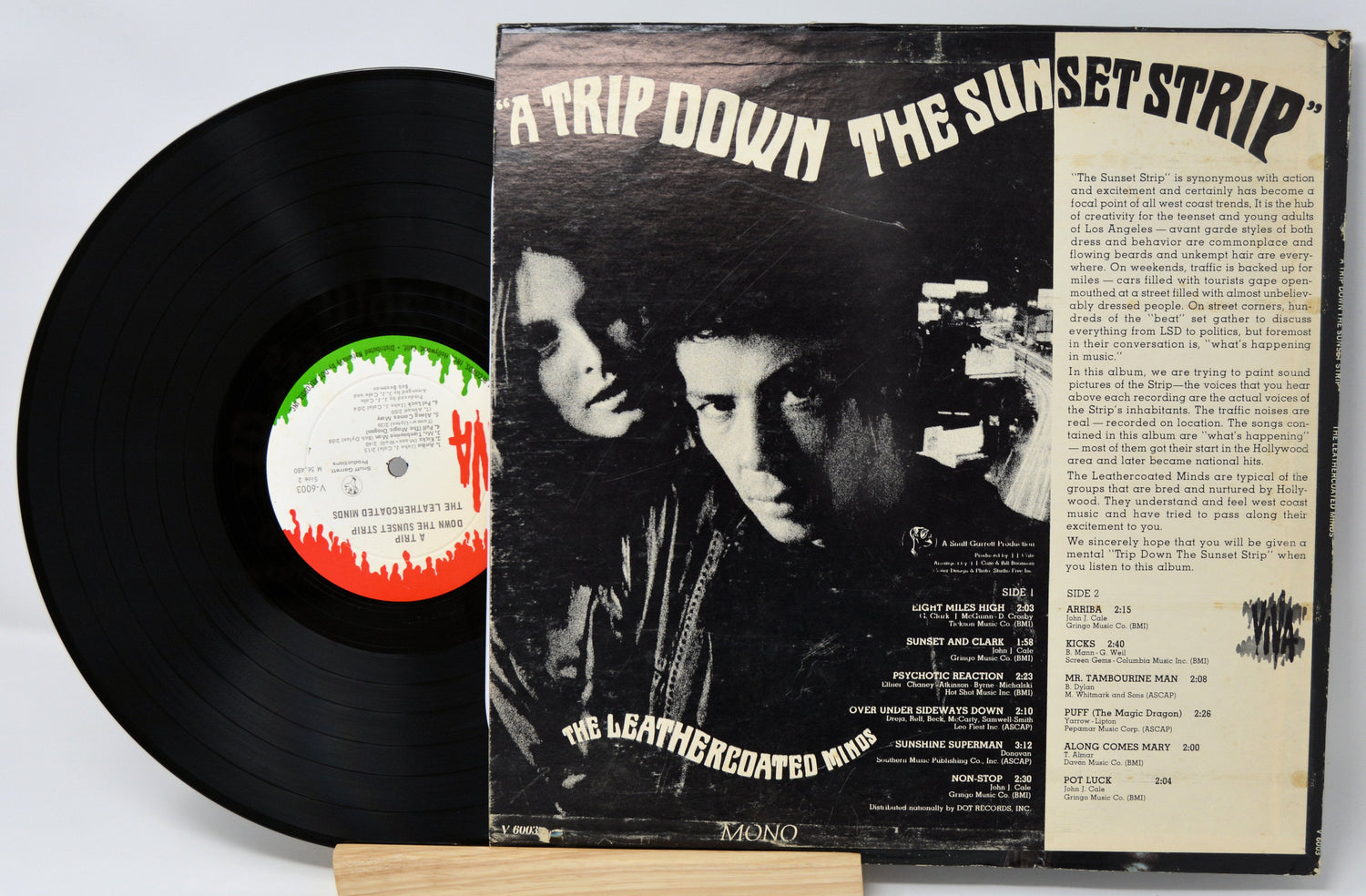 Back cover of 'A Trip Down The Sunset Strip' by The Leathercoated Minds vinyl album showing tracklist and liner notes