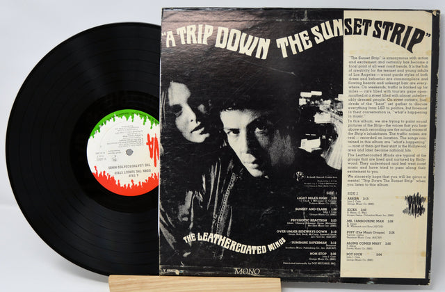 Back cover of 'A Trip Down The Sunset Strip' by The Leathercoated Minds vinyl album showing tracklist and liner notes