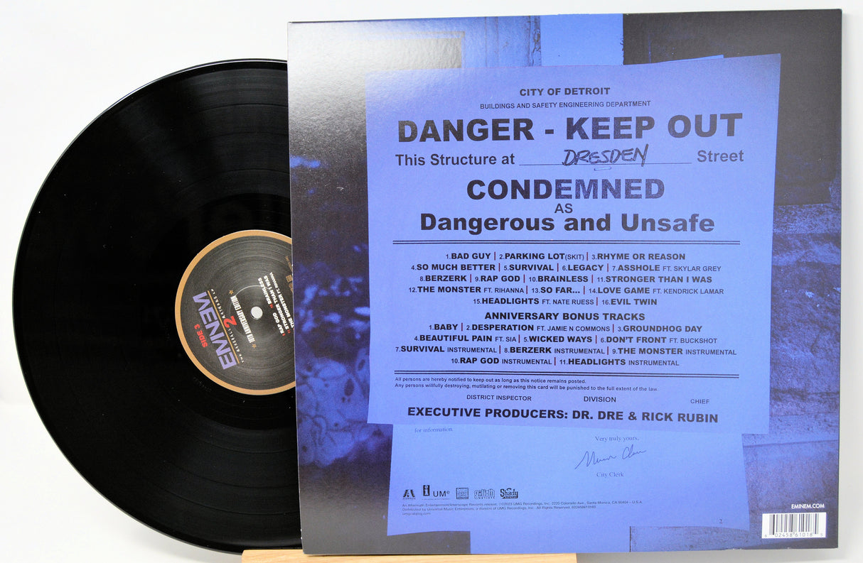 Eminem Marshall Mathers LP 2 vinyl record and back cover with Danger Keep Out sign and track listing