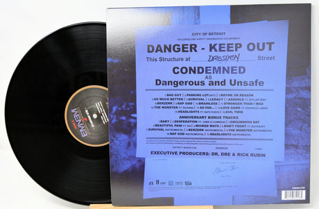 Eminem Marshall Mathers LP 2 vinyl record and back cover with Danger Keep Out sign and track listing