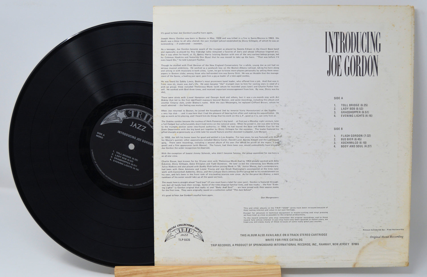 Back cover and vinyl record of 'Introducing Joe Gordon 1954' jazz album displaying tracklist and liner notes