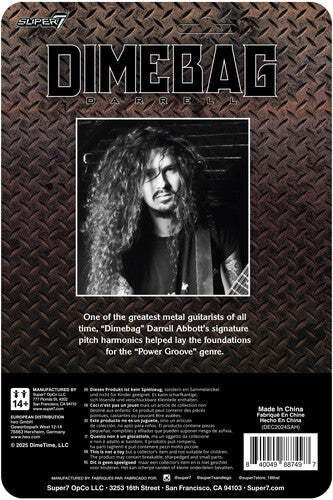 Back of Dimebag Darrell action figure packaging with black and white portrait and biography details