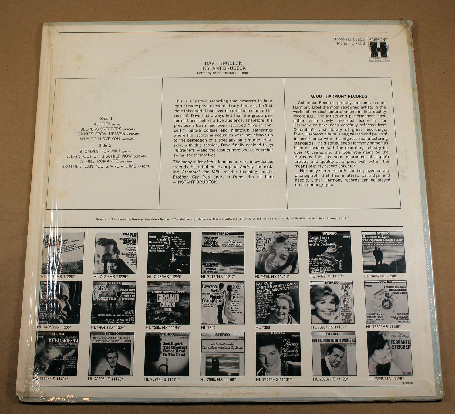 Back cover of Dave Brubeck Instant Brubeck album with track list and liner notes