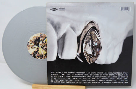 Back cover of Post Malone The Diamond Collection vinyl featuring large diamond grill art and silver vinyl