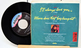 Back cover and vinyl record of Taylor Dayne's 'I'll Always Love You' 7-inch single showing tracklist and credits