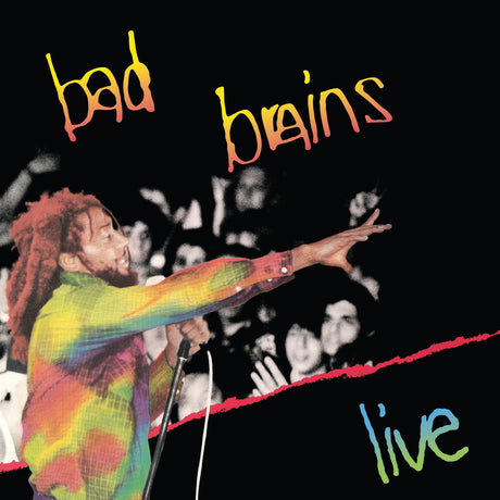 Album cover for 'Bad Brains Live' with a person on stage and colorful text.