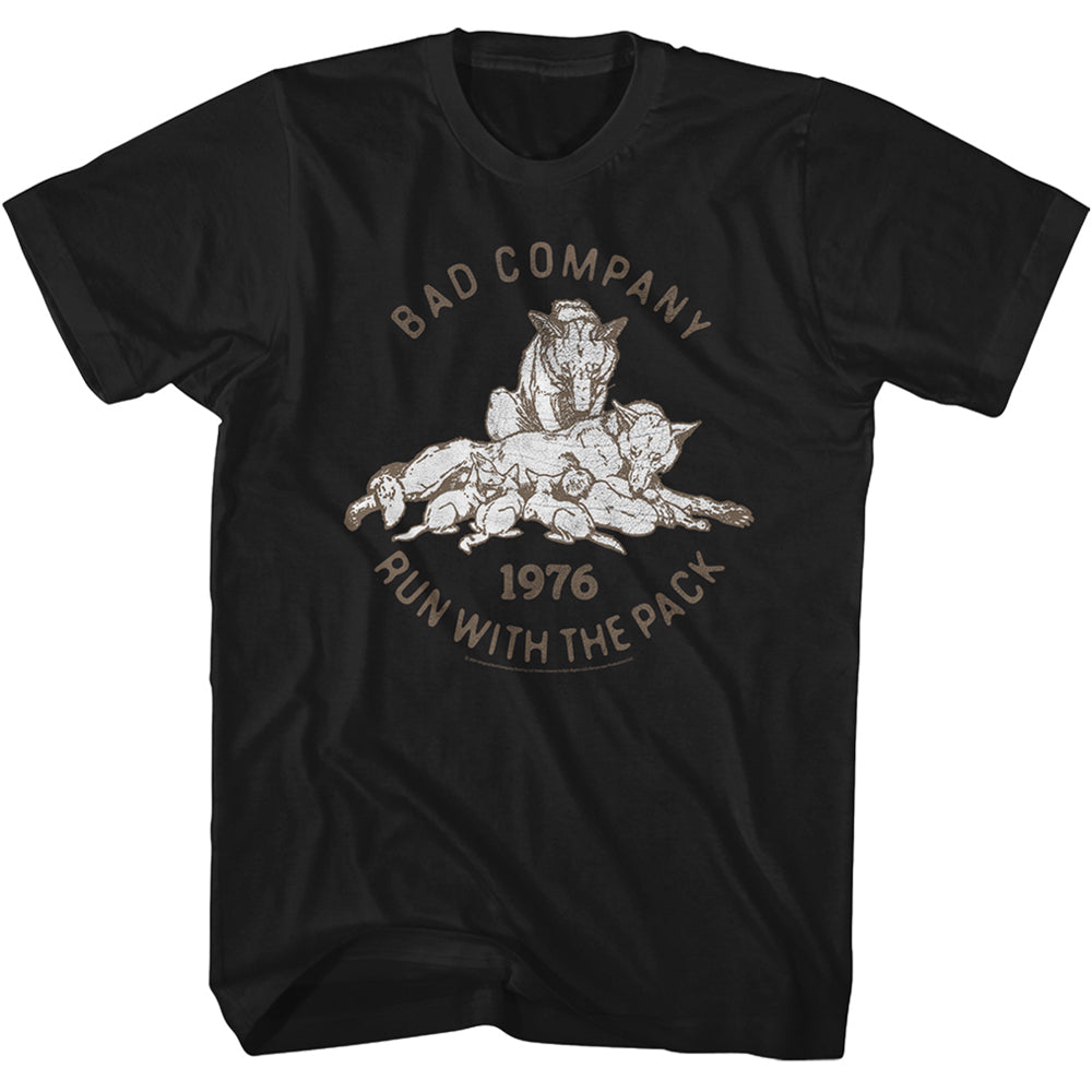 Black t-shirt with graphic design of wolves and text 'Bad Company 1976 Run with the Pack' on a white background