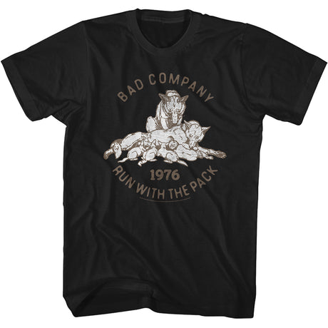Black t-shirt with graphic design of wolves and text 'Bad Company 1976 Run with the Pack' on a white background