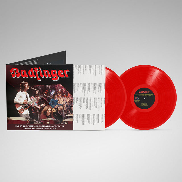 Red vinyl record with 'Badfinger' album cover on a gray background