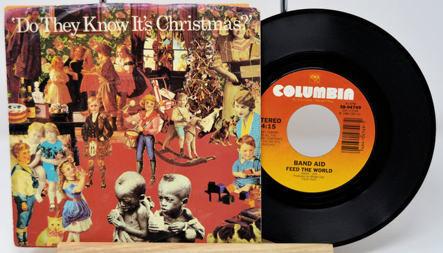 Band Aid 'Do They Know It's Christmas?' vintage 45 RPM vinyl with collage cover art