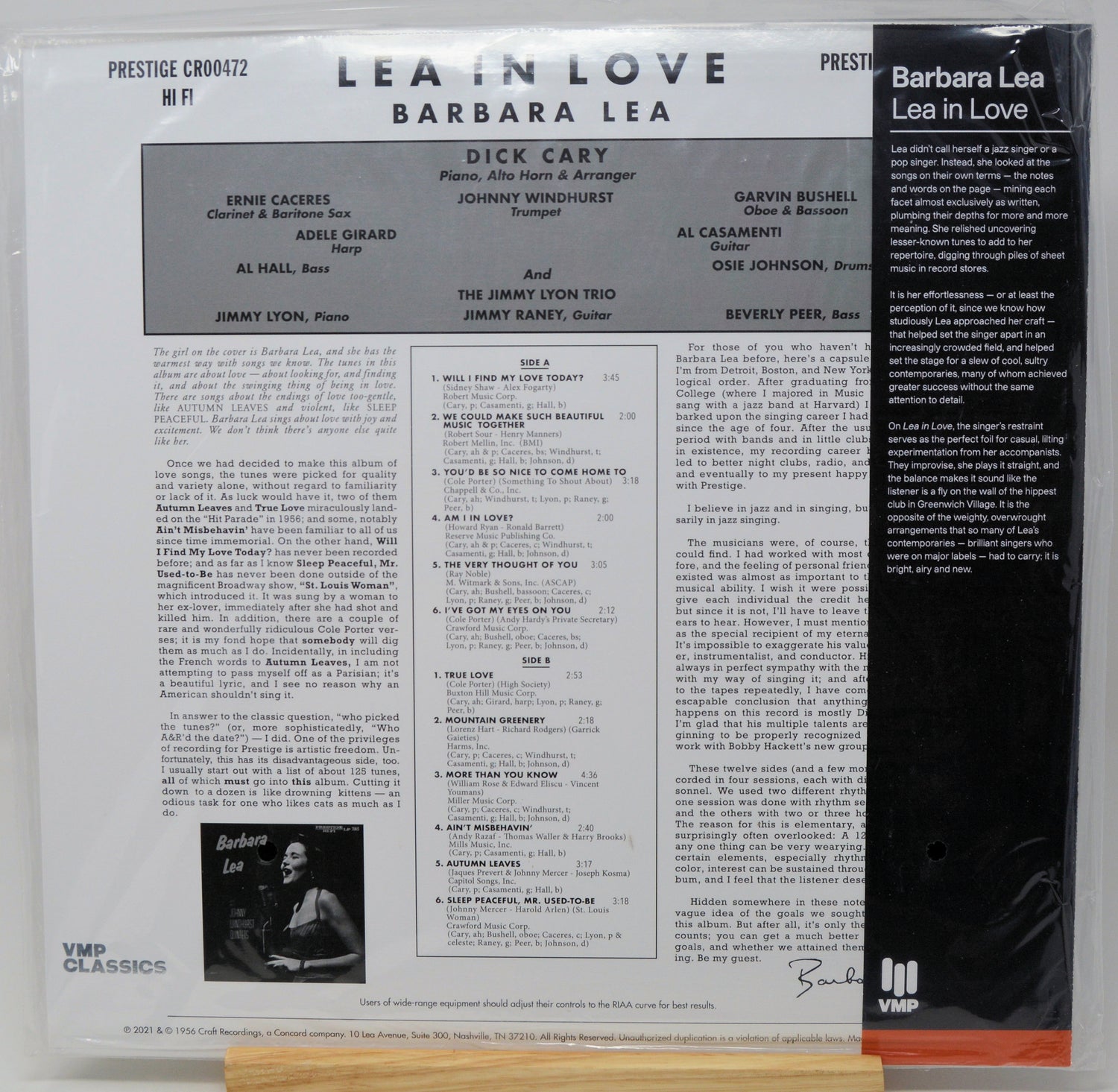 Vinyl record album cover for Barbara Lea's 'Lea in Love' on VMP Classics, showing the front and back of the black-and-white sleeve with track listings and credits.