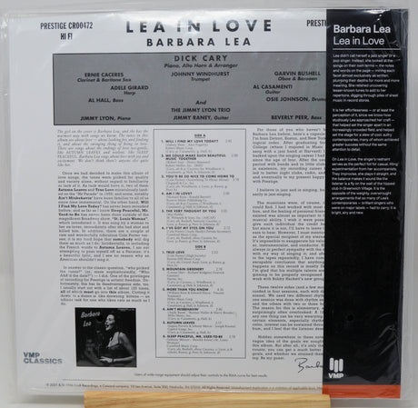 Vinyl record album cover for Barbara Lea's 'Lea in Love' on VMP Classics, showing the front and back of the black-and-white sleeve with track listings and credits.