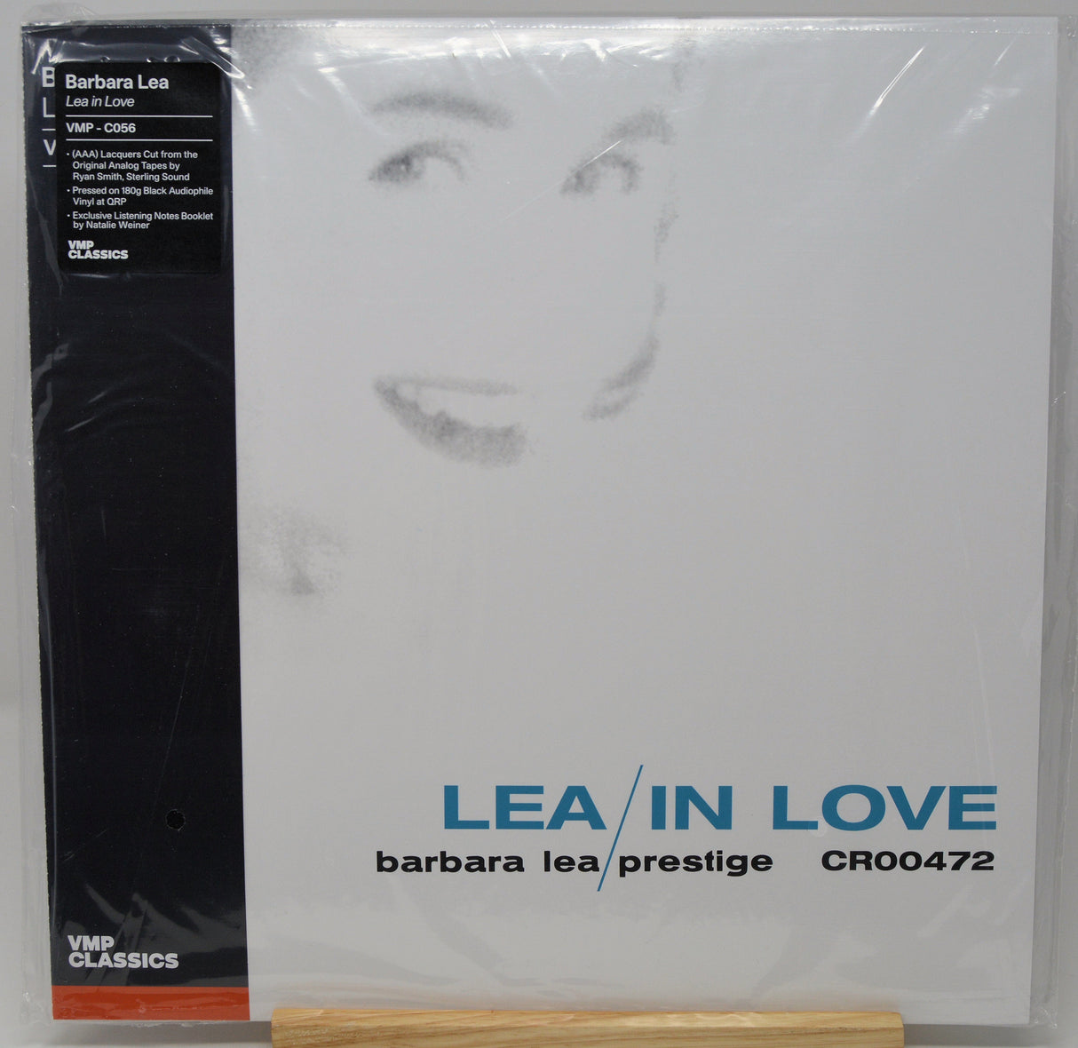 Barbara Lea's 'Lea / In Love' vinyl record LP on VMP Classics, still sealed in its plastic shrink wrap, displayed on a wooden stand.