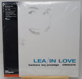 Barbara Lea's 'Lea / In Love' vinyl record LP on VMP Classics, still sealed in its plastic shrink wrap, displayed on a wooden stand.