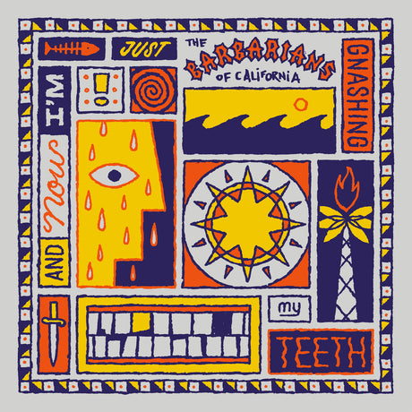 Colorful abstract artwork with text and symbols on a blue background