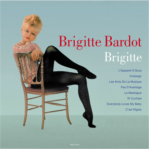A vinyl record album cover featuring Brigitte Bardot seated in a chair with a blue background. She is wearing a pink top and black tights, and the album title 'Brigitte Brigitte' is displayed prominently at the top.
