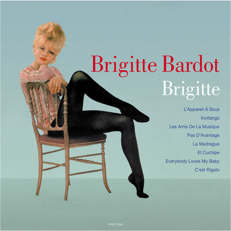 A vinyl record album cover featuring Brigitte Bardot seated in a chair with a blue background. She is wearing a pink top and black tights, and the album title 'Brigitte Brigitte' is displayed prominently at the top.