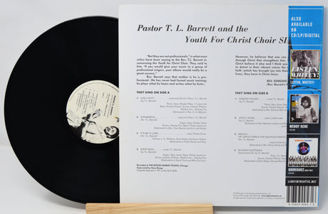 Vinyl record album shown with the black record partially visible behind the back cover insert, photographed on a light gray background with a small wooden stand.