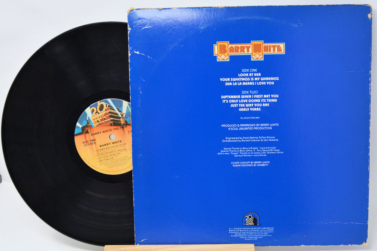 Vinyl record with blue cover and visible text on a white background