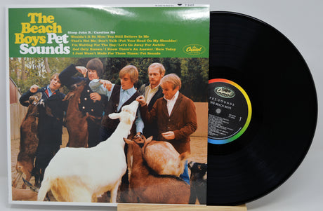 The Beach Boys 'Pet Sounds' vinyl record album with the printed cover visible on the left and the black 12-inch record partially pulled out on the right, photographed against a light gray background.