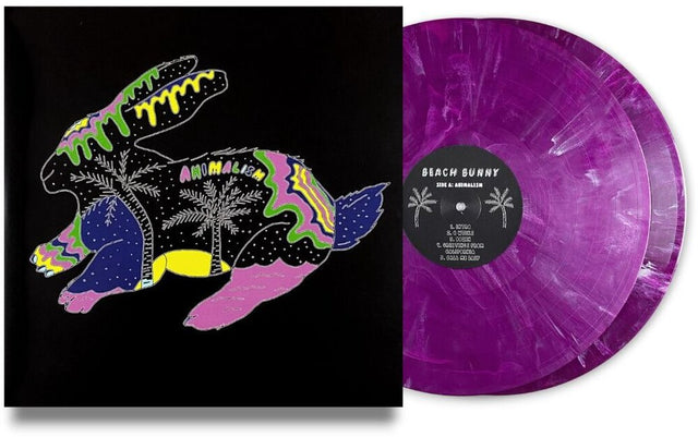 A Beach Bunny vinyl record album shown with the black cover featuring a colorful psychedelic bunny illustration and the translucent purple record partially visible beside it.