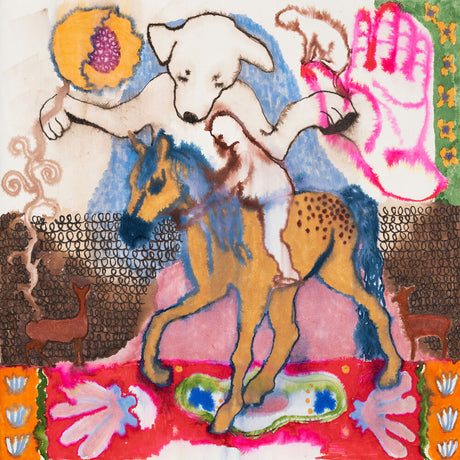 Colorful artwork of a dog riding a horse with abstract elements