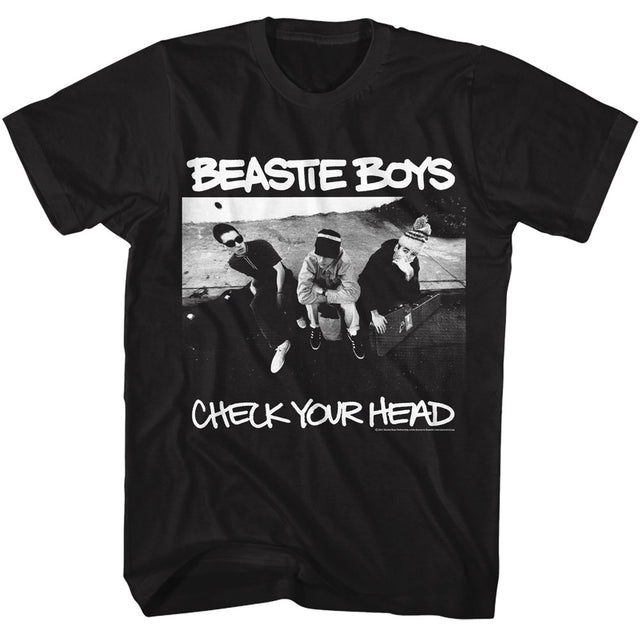 Black t-shirt with Beastie Boys graphic and 'Check Your Head' text on a white background