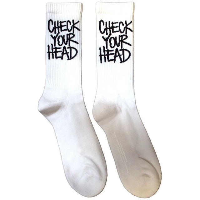 White socks with 'Check Your Head' text on a white background