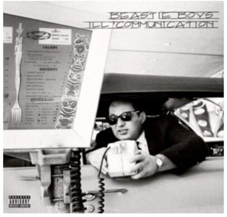 Beastie Boys - Ill Communication album cover featuring a black and white photo of a man and a fork on the cover, indicating a hip hop vinyl record.
