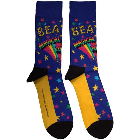 Colorful socks with rainbow and star designs on a white background