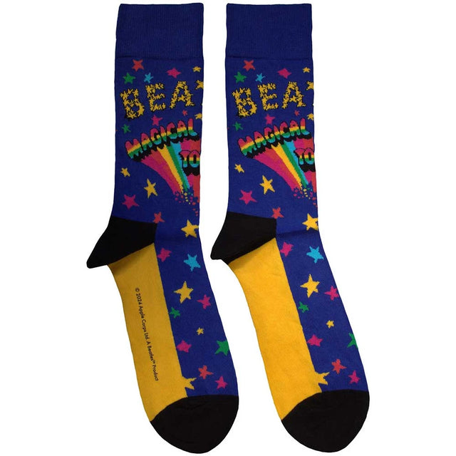 Colorful socks with rainbow and star designs on a white background