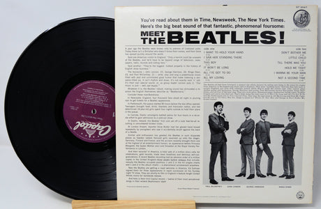 Vinyl record with 'Meet the Beatles!' cover featuring four Beatles members.