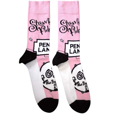 Pink socks with black and white text and graphics on a white background