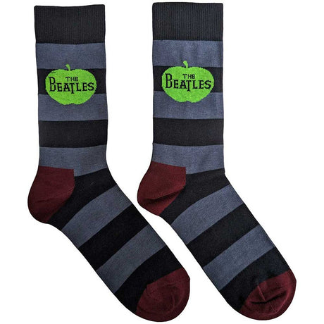 A pair of socks with horizontal stripes of various colors, featuring the logo 'The Beatles' on the side.