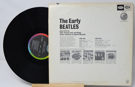 Vinyl record and cover of 'The Early Beatles' on a light gray background