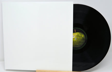 Vinyl record with a white sleeve on a light gray background