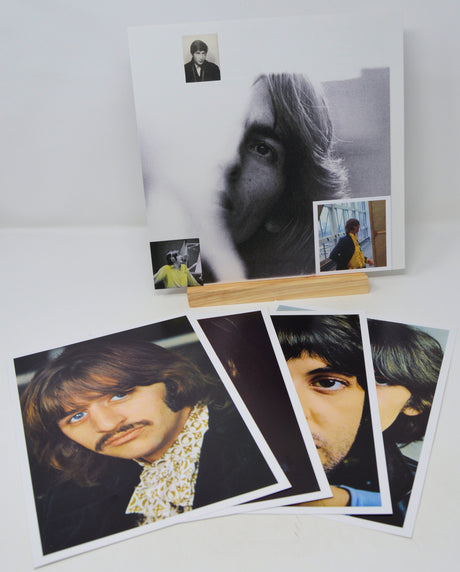 Collection of black and white photos of a person on a white surface