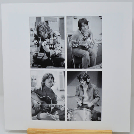 Black and white photo collage of four musicians playing instruments on a white background.