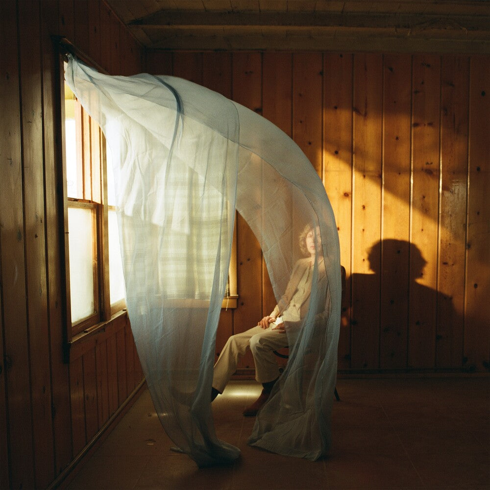 A person sits inside a translucent white mosquito net canopy hanging in a rustic wooden room with warm sunlight streaming through a window, casting a strong shadow on the wood-paneled wall.