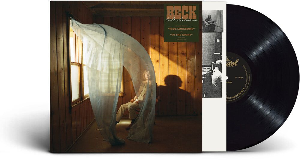 Beck 'Ride Lonesome' vinyl record album shown with the front cover, a narrow track insert strip, and part of the black LP record on a white background.