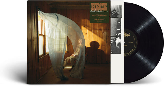 Beck 'Ride Lonesome' vinyl record album shown with the front cover, a narrow track insert strip, and part of the black LP record on a white background.