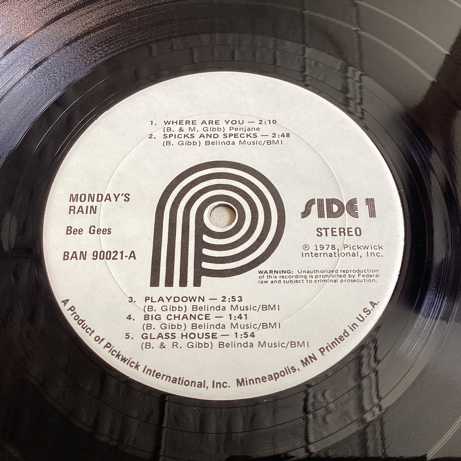 Close-up of Bee Gees Monday's Rain vinyl LP record label side one